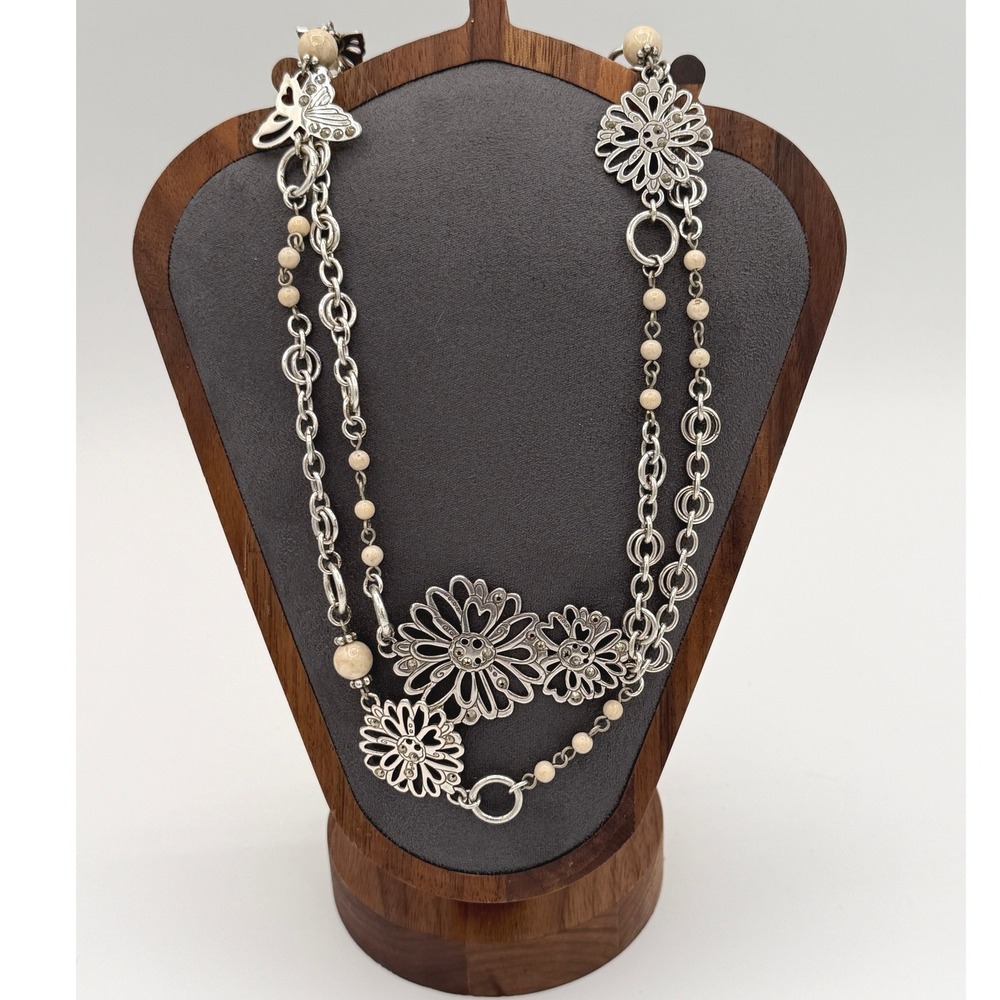 Brighton Silver Tone Flower Butterfly Long Beaded Station Necklace Boho Filigree
